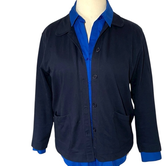Vintage Paul Harris Knit Blazer Jacket Navy Blue Pockets Sport Office Coat L - Picture 1 of 17